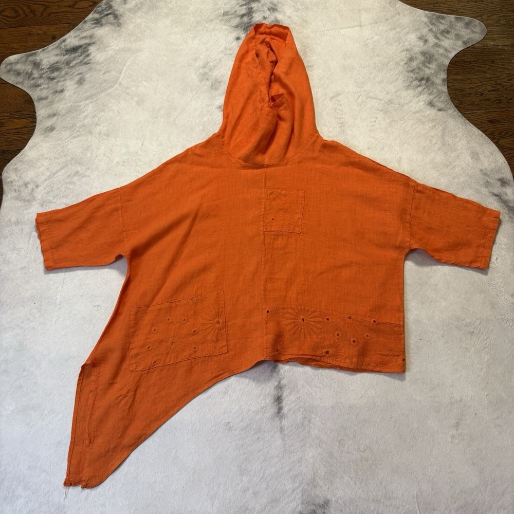 Kaktus Hoodie‎ Womens OS Orange Floral Imprint Short Sleeve 100% Linen Relaxed